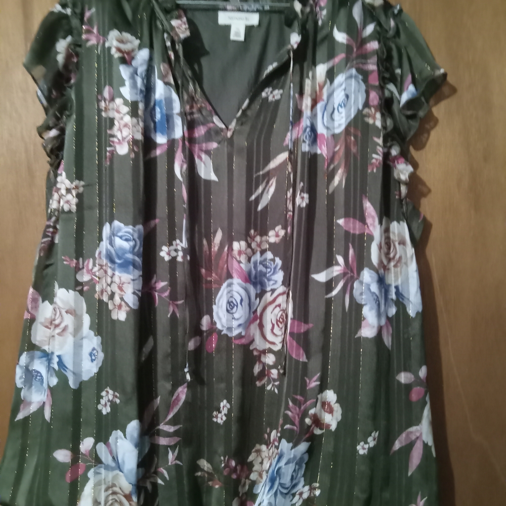 Tamara H Green Floral Blouse with Ruffle Sleeves